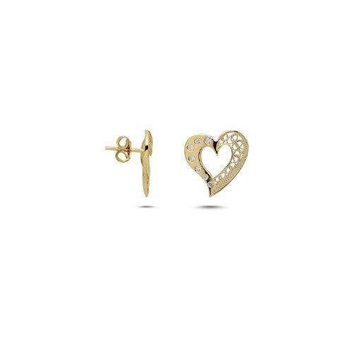Brincos Coração em Filigrana em Prata Dourada e Zircónias - You Love You Jewlery