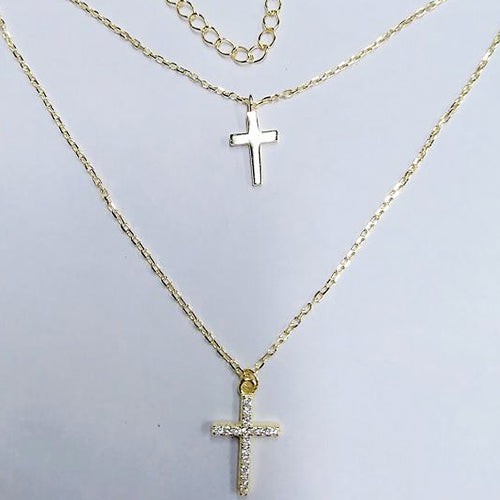 Colar Duplo com Cruz em Prata Dourada - You Love You Jewlery