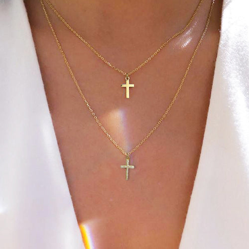 Colar Duplo com Cruz em Prata Dourada - You Love You Jewlery