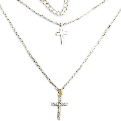 Colar Duplo com Cruz em Prata Dourada - You Love You Jewlery