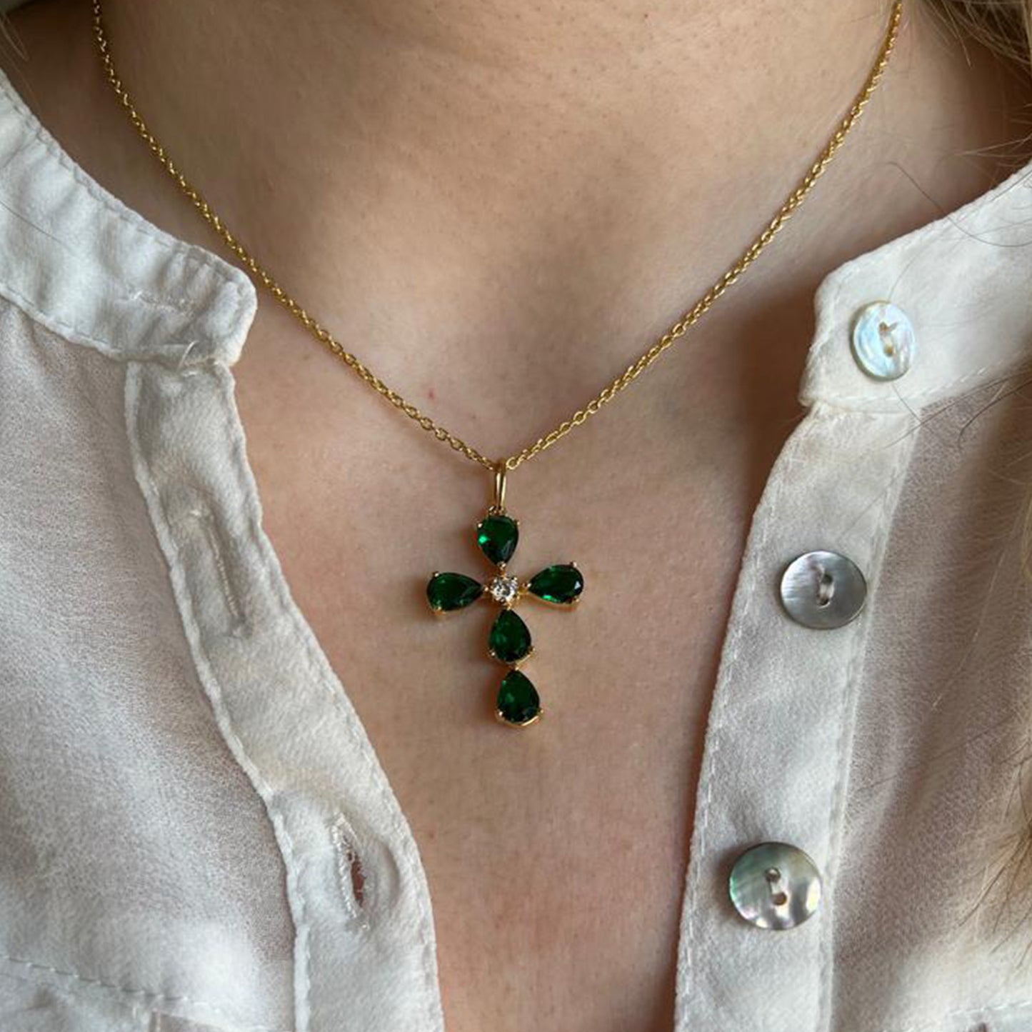 Conjunto Cruz em Prata Banhada a Ouro e Pedras Naturais - You Love You Jewlery