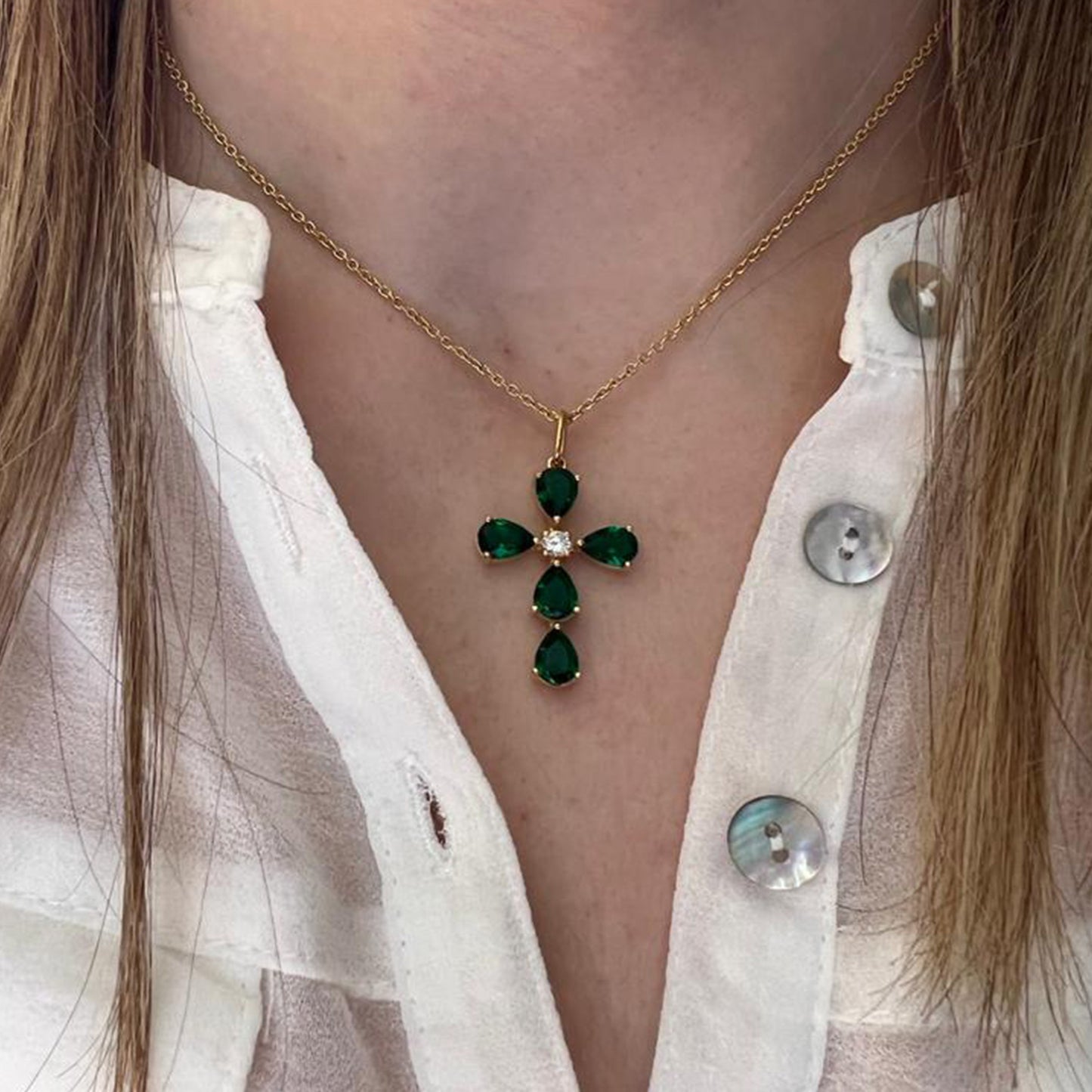 Conjunto Cruz em Prata Banhada a Ouro e Pedras Naturais - You Love You Jewlery