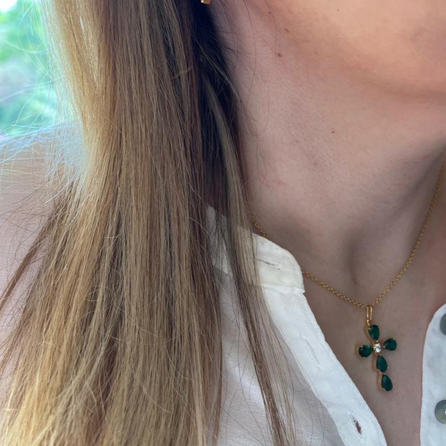 Conjunto Cruz em Prata Banhada a Ouro e Pedras Naturais - You Love You Jewlery