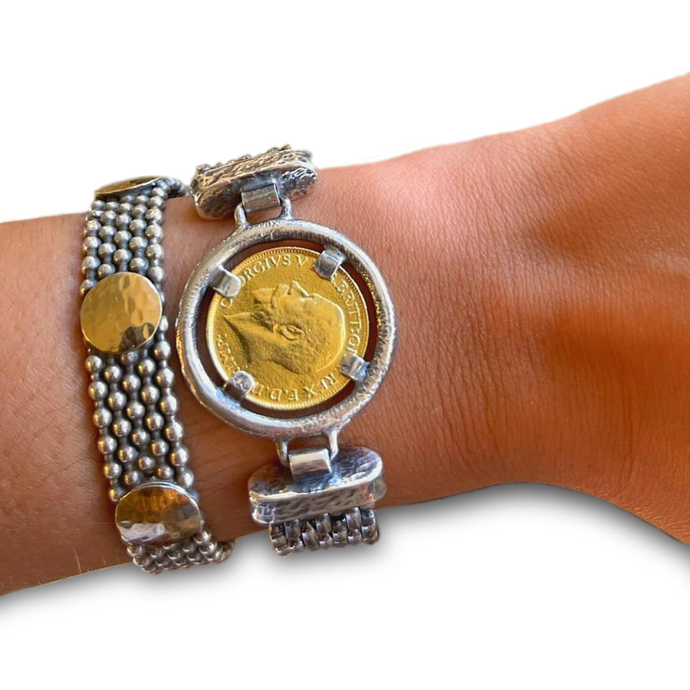 Pulseira Moeda em Prata de Lei e Ouro 9k